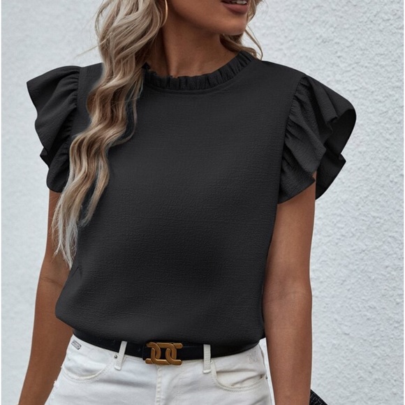 Tops - Elegant Classic Green Mock Neck Ruffle Butterfly Top Blouse Shirt
